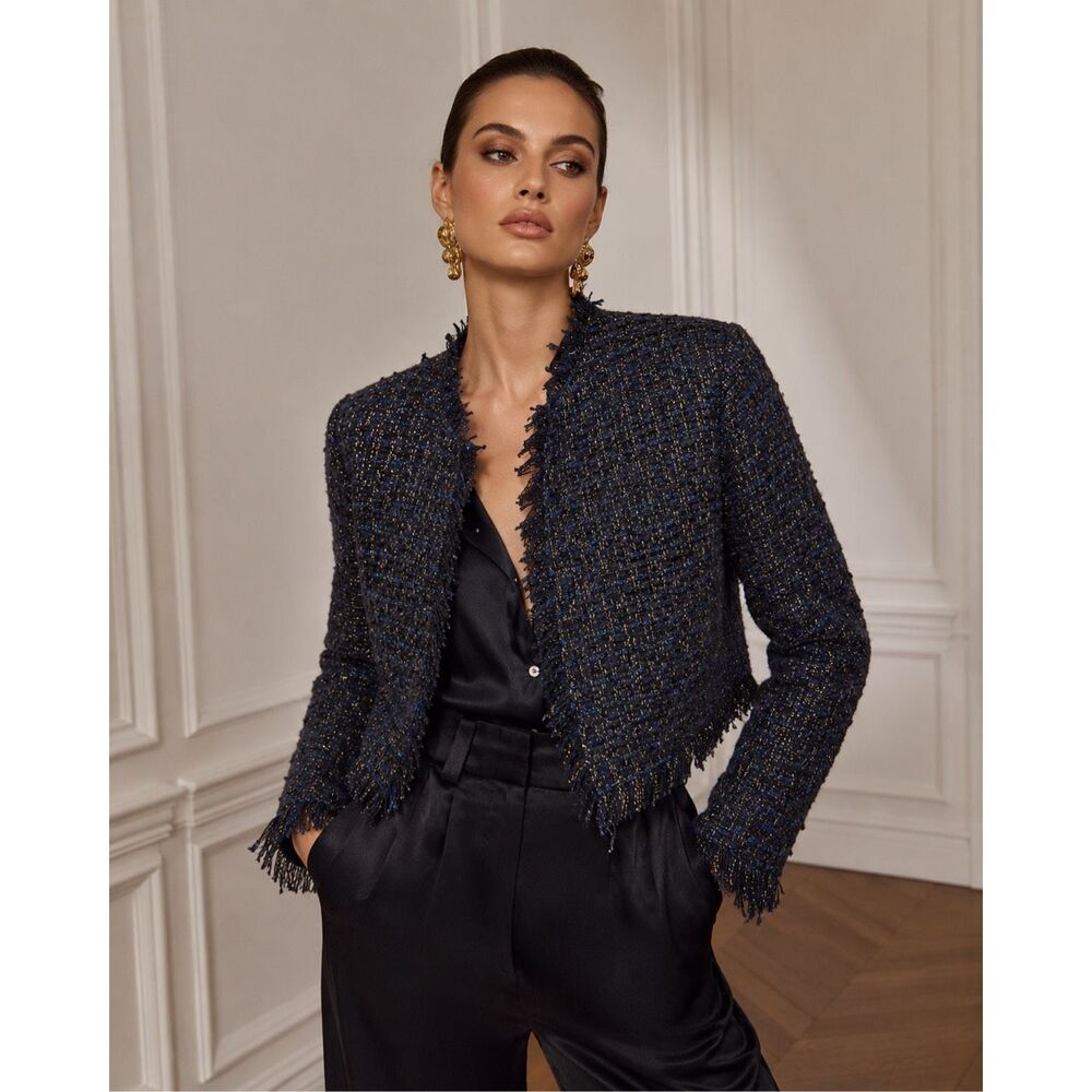 Christian Lacroix Metallic Tweed Cropped Jacket Blue Gold Fringe Trim Size M